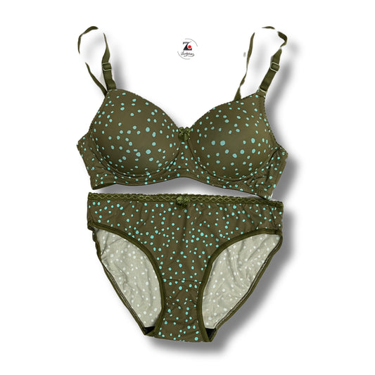 Dot olive printed padded lingerie set